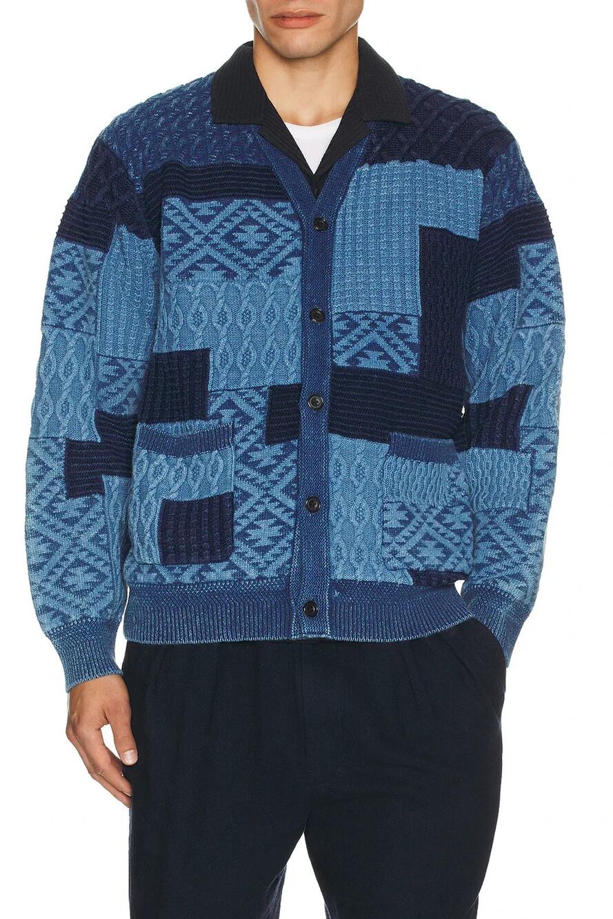 Beams Plus Japan Cardigan Indigo Patchwork Like Jacquard Large